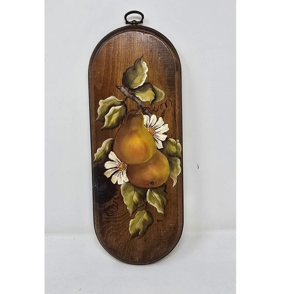 Vtg hand painted‎ oil painting of pears on wood wall decor Plaque cottagecore
